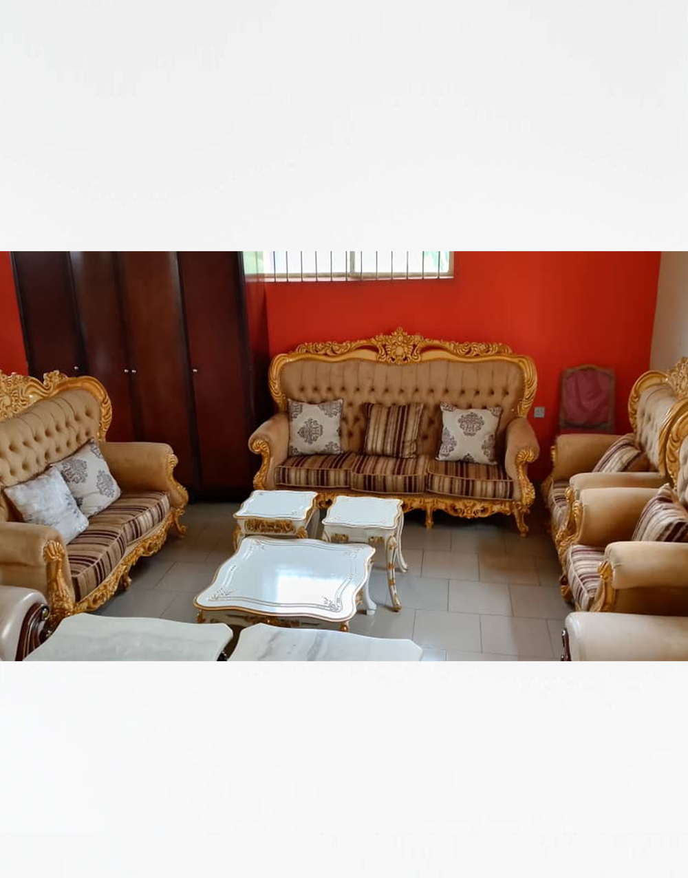 Royal Sofas 015 - Premium Royal Beige & Gold Sofa Set with Striped Upholstery – J Charles Furniture Ltd