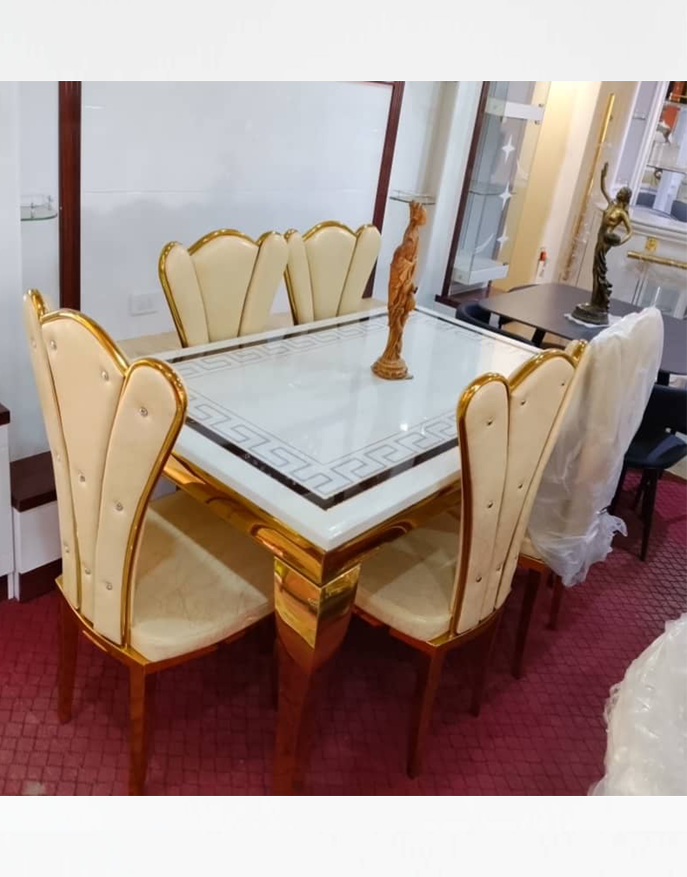 Dinning Set 001 - Premium Royal 6-Seater Dining Set with White Glass Top, Cream Upholstered Chairs & Gold Metallic Accents