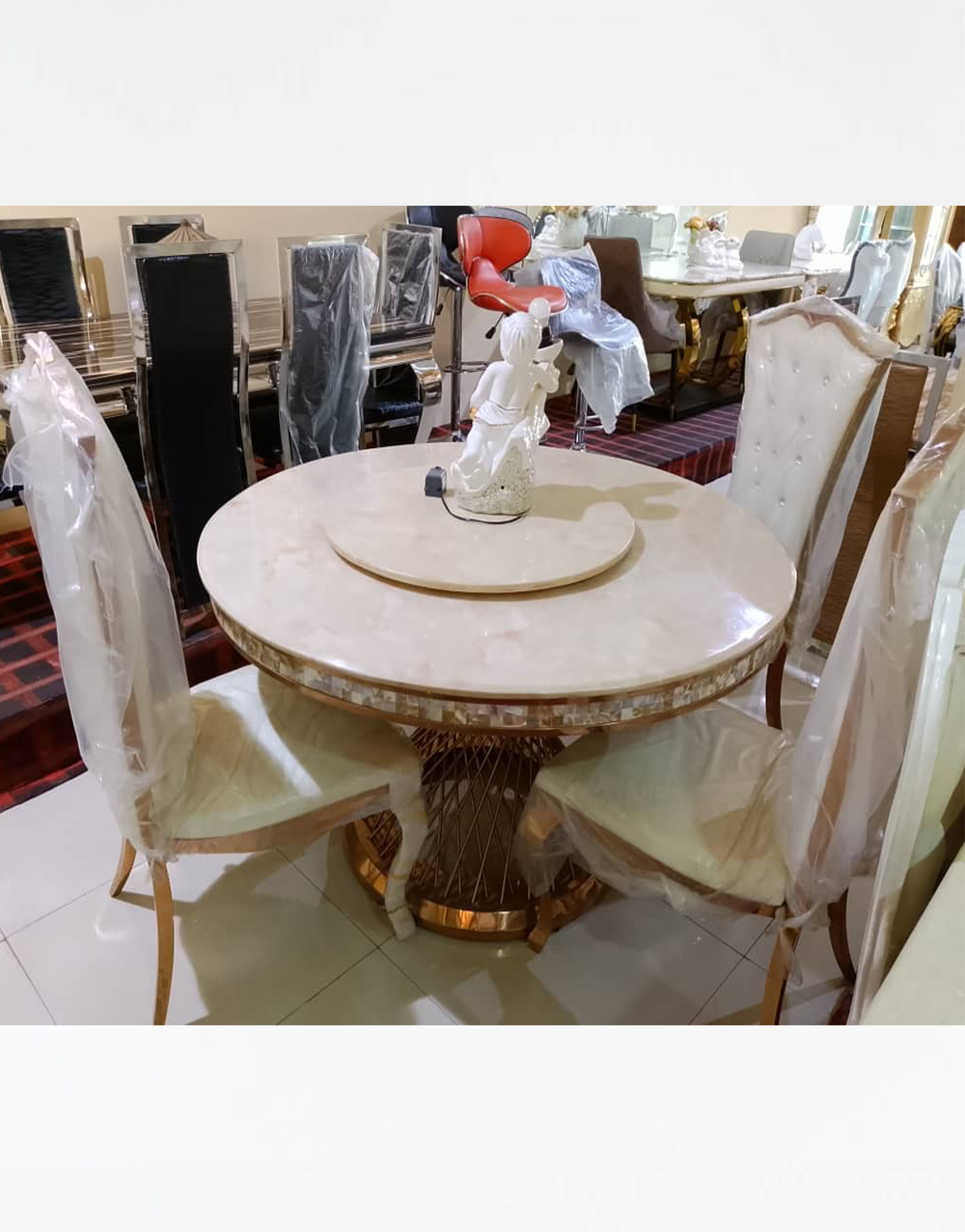 Dinning Set 002 - Premium Round Marble-Top 4-Seater Dining Set with Lazy Susan & Gold Metal Base