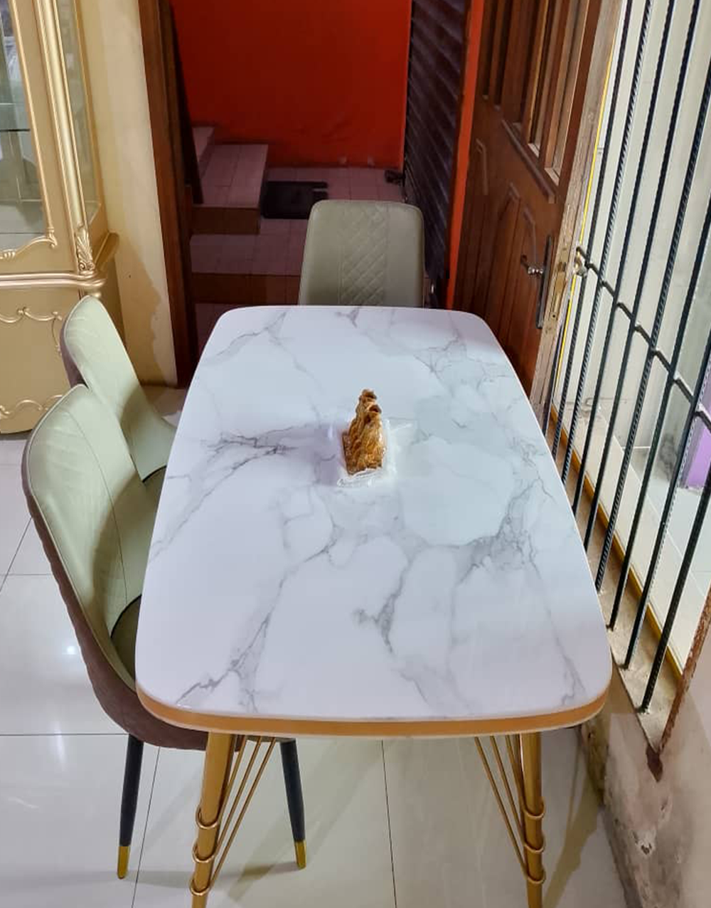Dinning Set 003 - Royal Marble 4-Seater Dining Set with Gold Metallic Legs & Upholstered Chairs