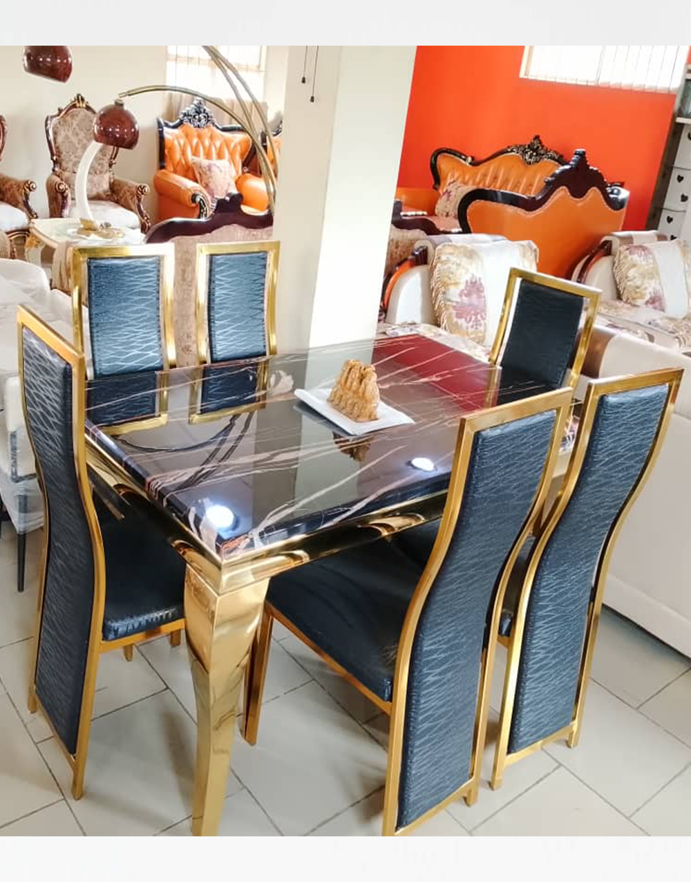 Dinning Set 004 - Gold Luxe Black Marble 6-Seater Dining Set with Premium Upholstered Chairs