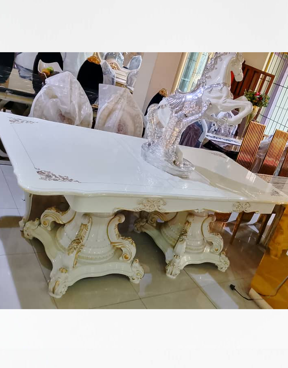 Dinning Set 013 - Classic Royal White 6-Seater Dining Set with Gold Carved Accents & Upholstered Chairs