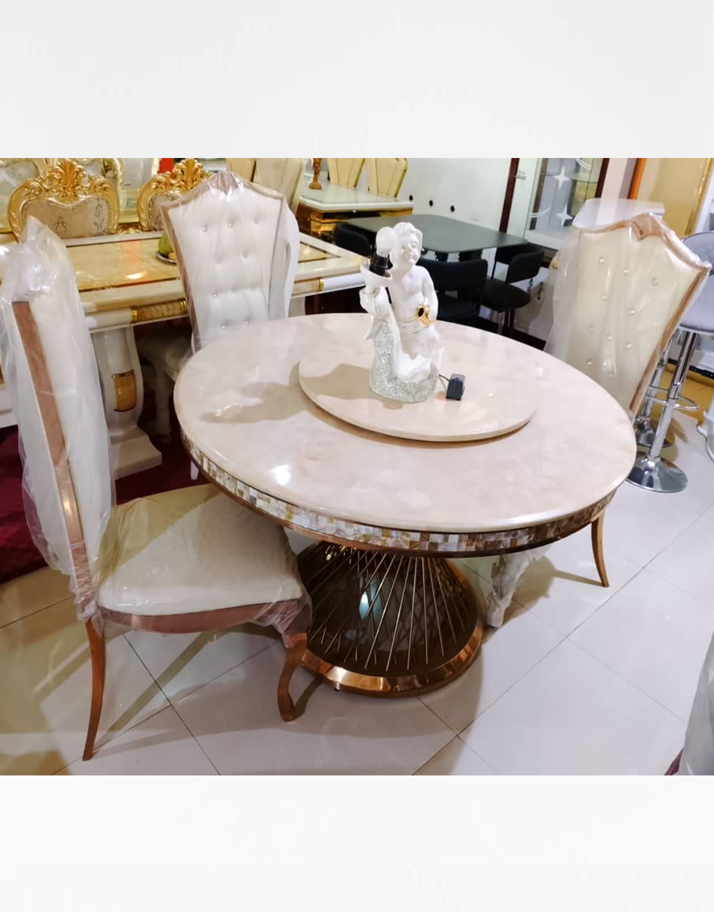 Dinning Set 015 - Royal Pearl Round 4-Seater Dining Set with Lazy Susan, Tufted Chairs & Gold Metallic Base