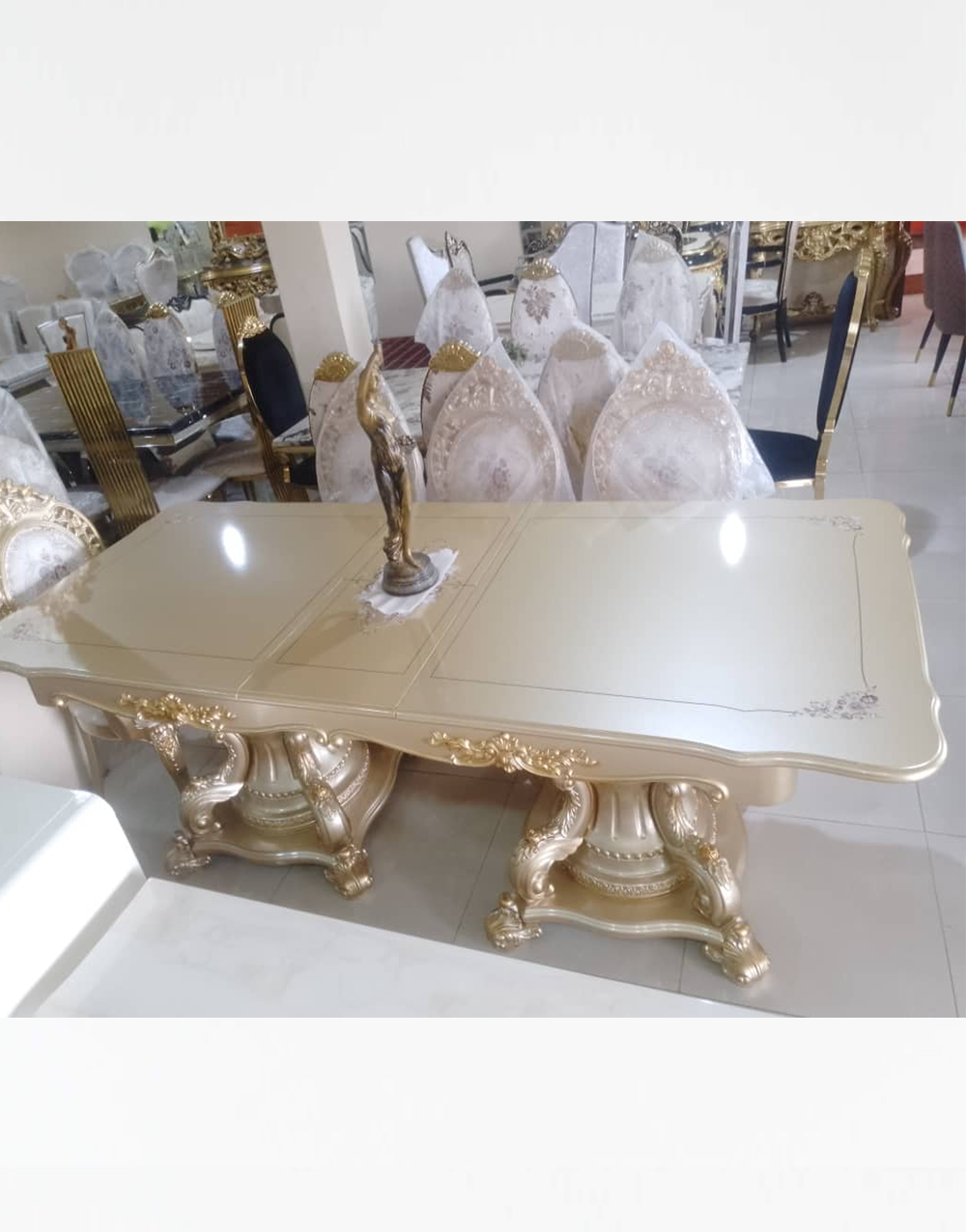 Dinning Set 025 - Royal 6-Seater Cream-Gold Dining Set with Ornate Double Pedestal Base & Upholstered Chairs