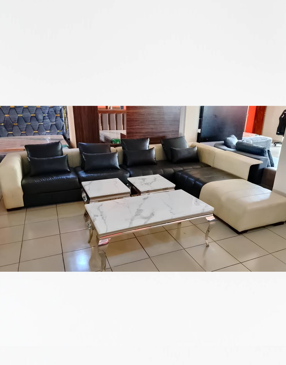 Contemporary Sofas 002 - Luxury Black & Cream Contemporary L-Shaped Sofa Set with Marble-Top Tables