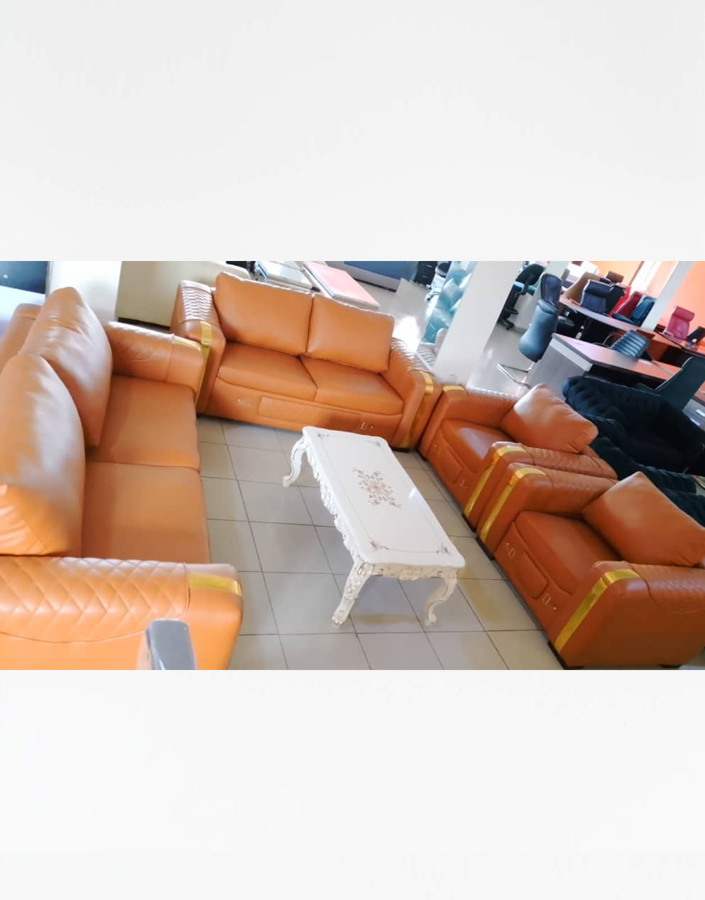 Contemporary Sofas 003 - Premium Caramel Brown Contemporary Sofa Set with Gold Accent Details