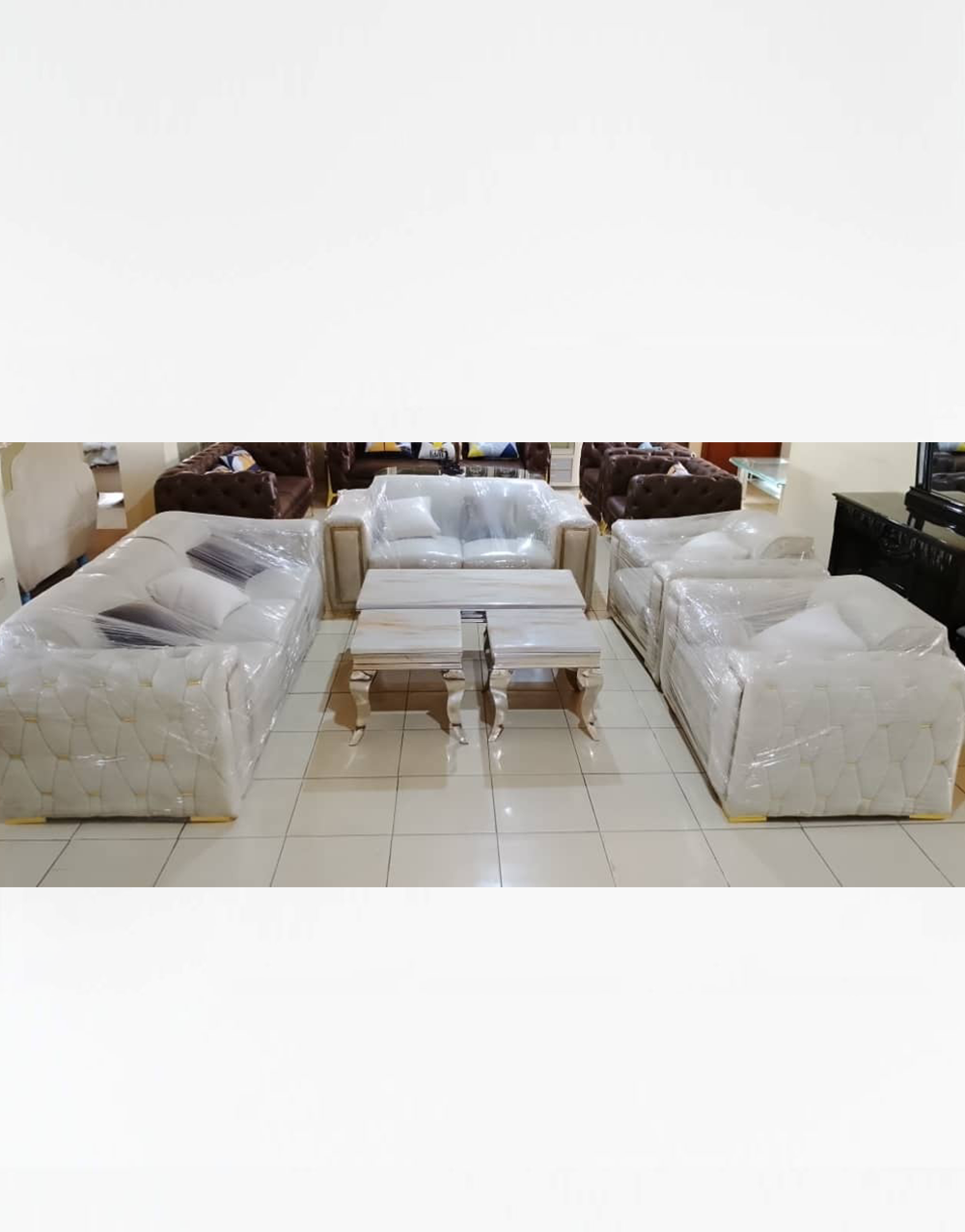 Contemporary Sofas 004 - Premium White Contemporary Sofa Set with Gold Accent Details & Marble-Top Tables - Image 3