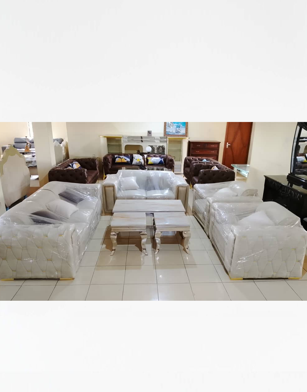 Contemporary Sofas 004 - Premium White Contemporary Sofa Set with Gold Accent Details & Marble-Top Tables