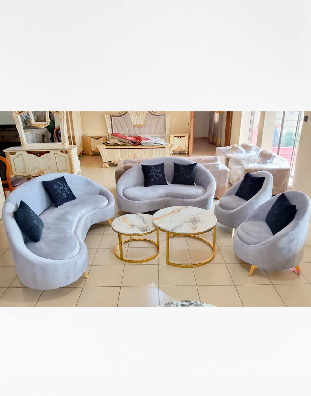 Contemporary Sofas 006 - Luxury Light Grey Curved Contemporary Sofa Set with Gold Accent Marble Tables
