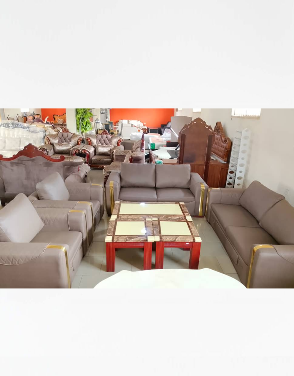 Contemporary Sofas 007 - Premium Taupe Contemporary Sofa Set with Gold Accent Details & Marble-Top Tables