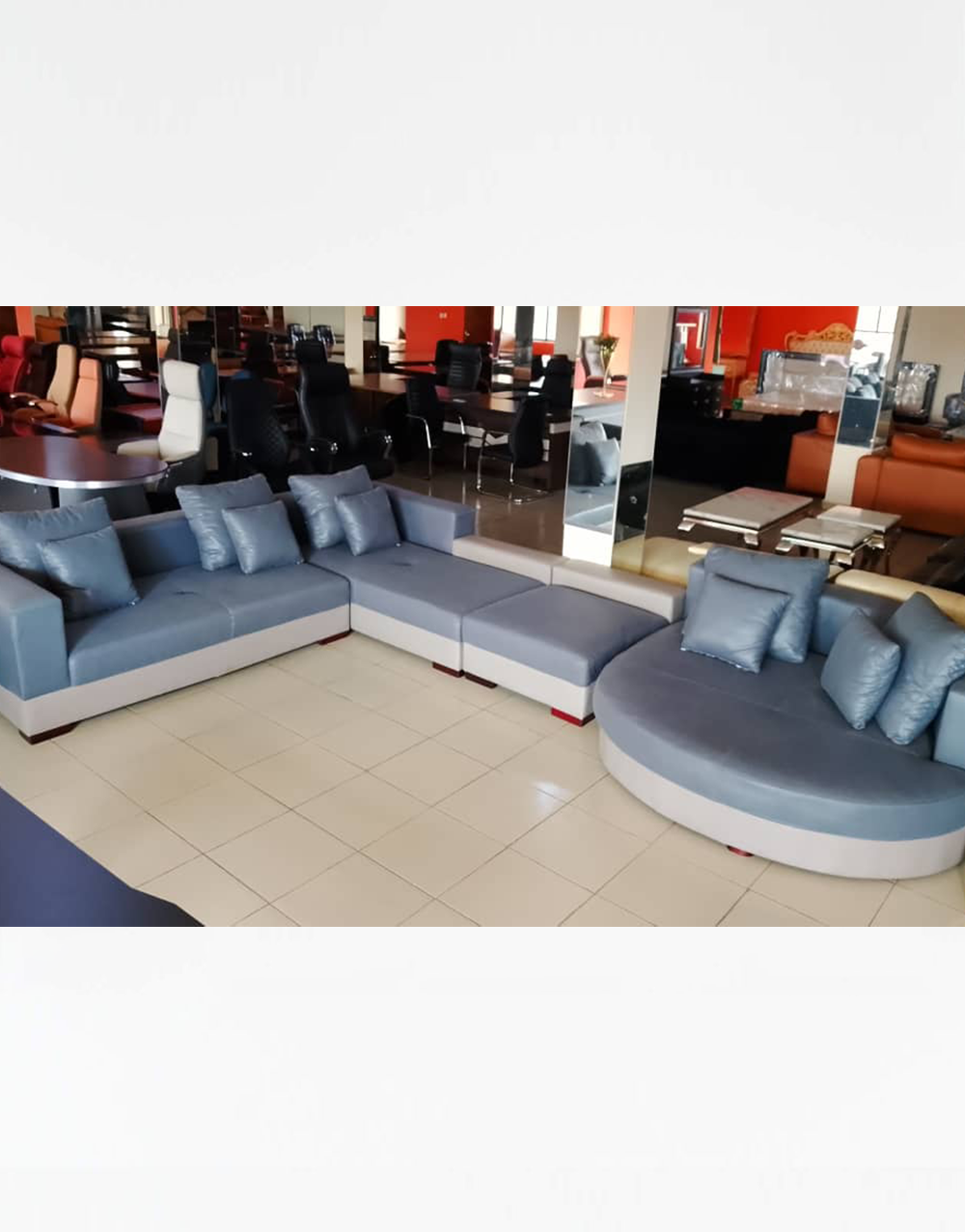 Contemporary Sofas 009 - Premium Blue & White Contemporary Sectional Sofa Set with Curved Chaise Design