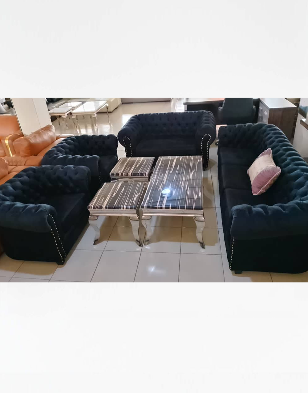 Contemporary Sofas 011 - Premium Midnight Blue Chesterfield Sofa Set with Silver Stud Accents & Marble-Top Tables