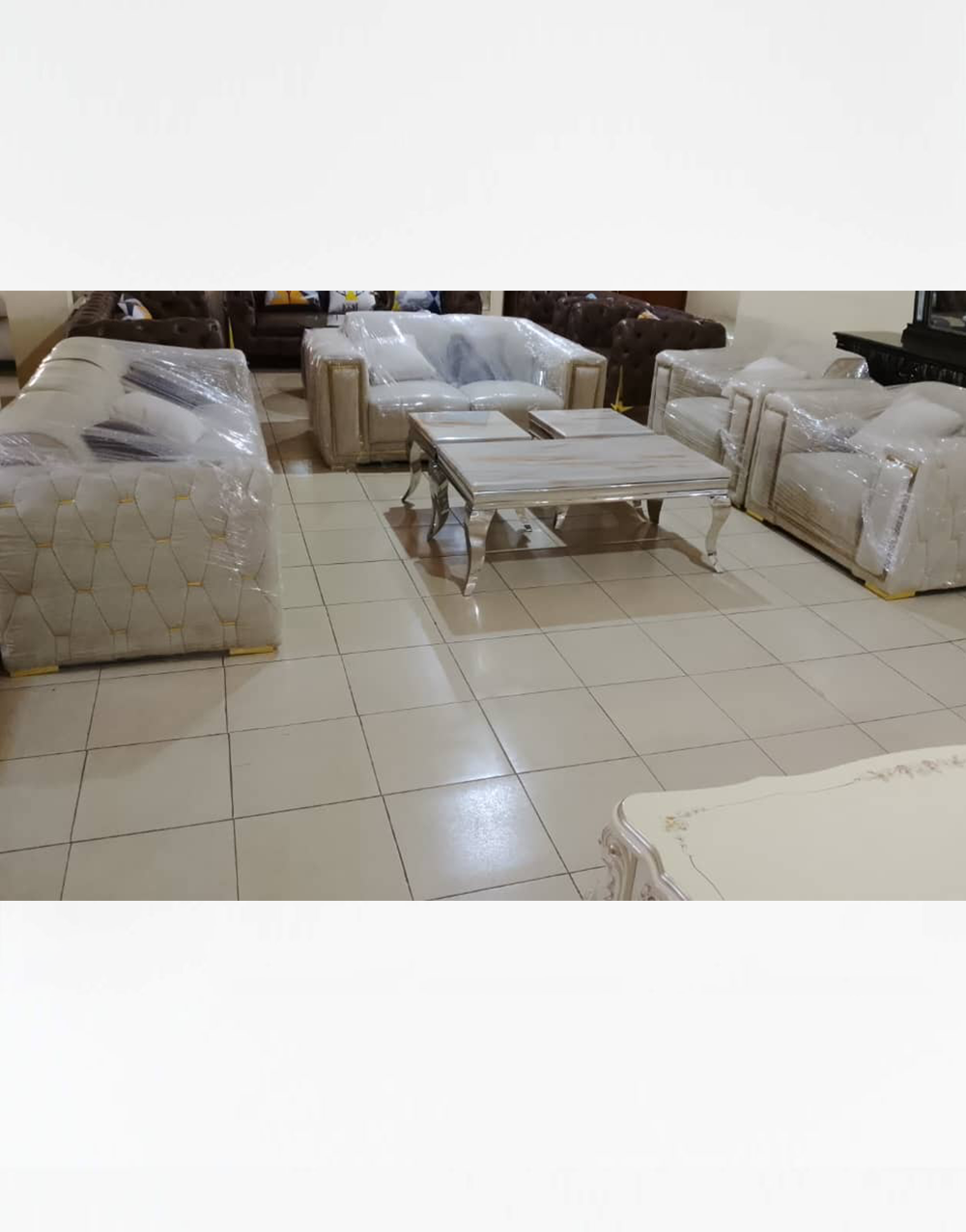 Contemporary Sofas 014 - Premium Ivory White Contemporary Sofa Set with Gold Accent Details & Marble-Top Center Table