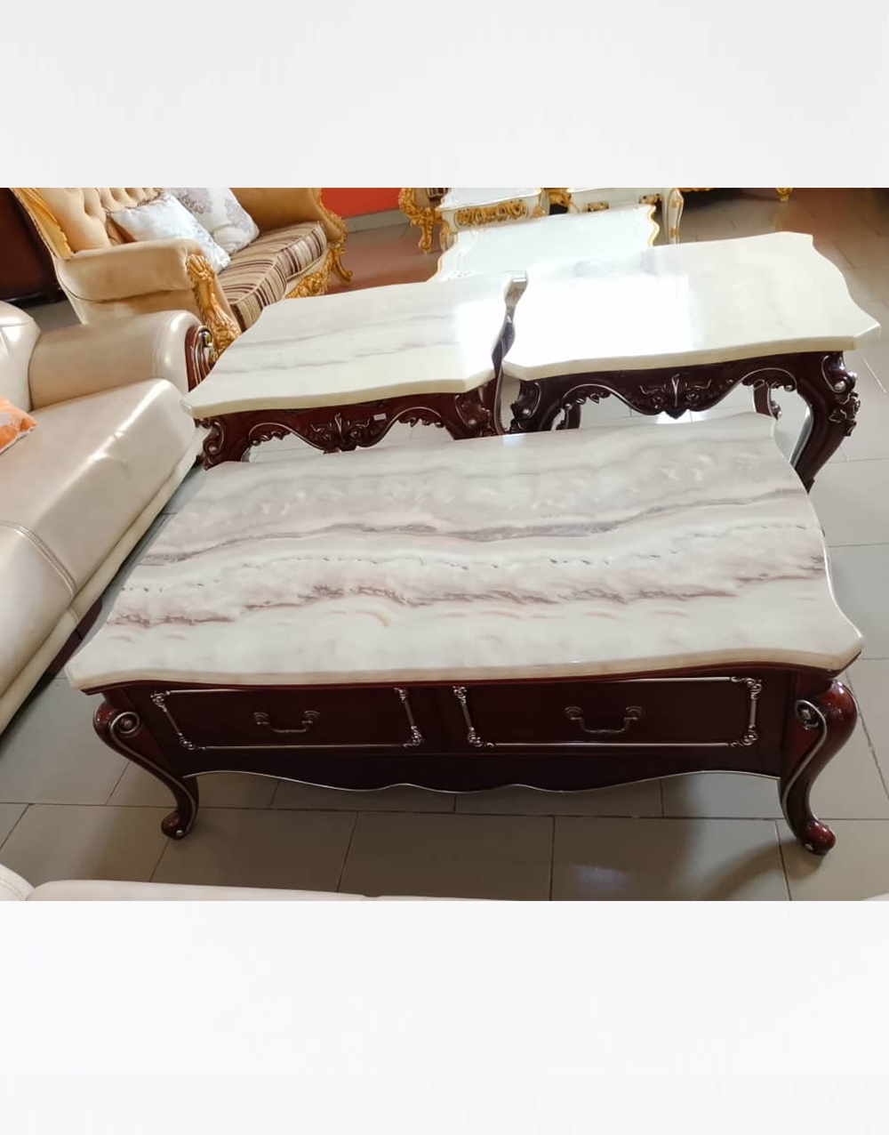 Center Table and Stools 005 - Royal Mahogany Center Table with Storage & Matching Stools