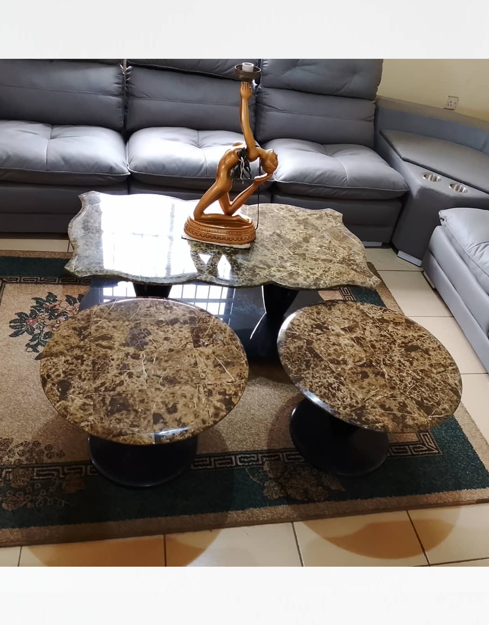 Center Table and Stools 007 - Imperial Brown Marble-Effect Center Table & Stools Set