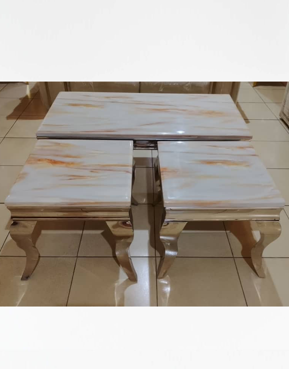 Center Table and Stools 014 - Champagne Marble-Effect Center Table & Matching Stools Set