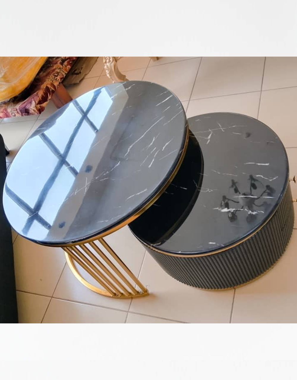 Center Table and Stools 015 - Onyx Black Marble-Effect Nesting Center Table Set