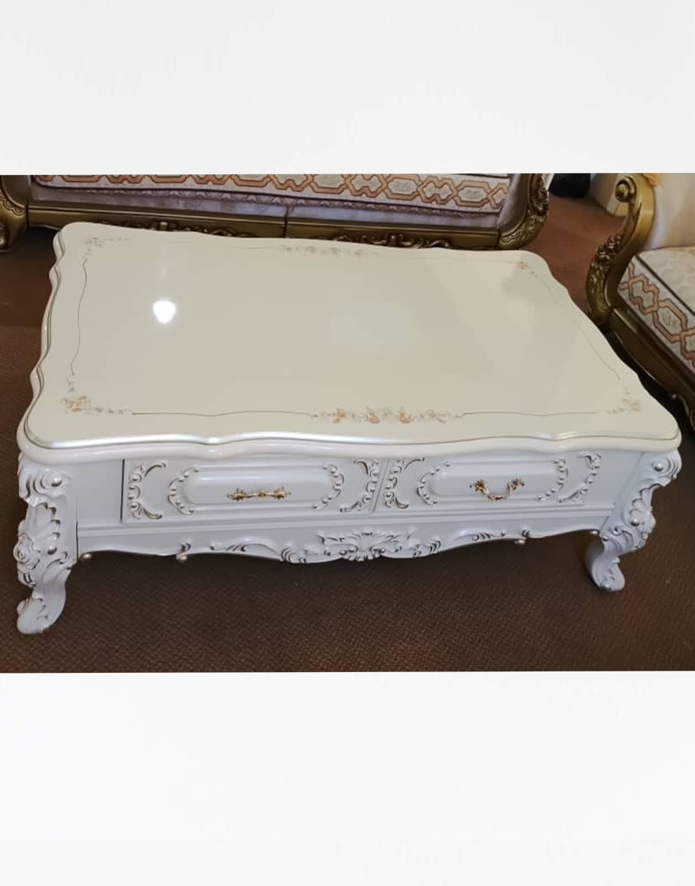 Center Table and Stools 016 - Royal Ivory Storage Center Table with Elegant Carved Detailing