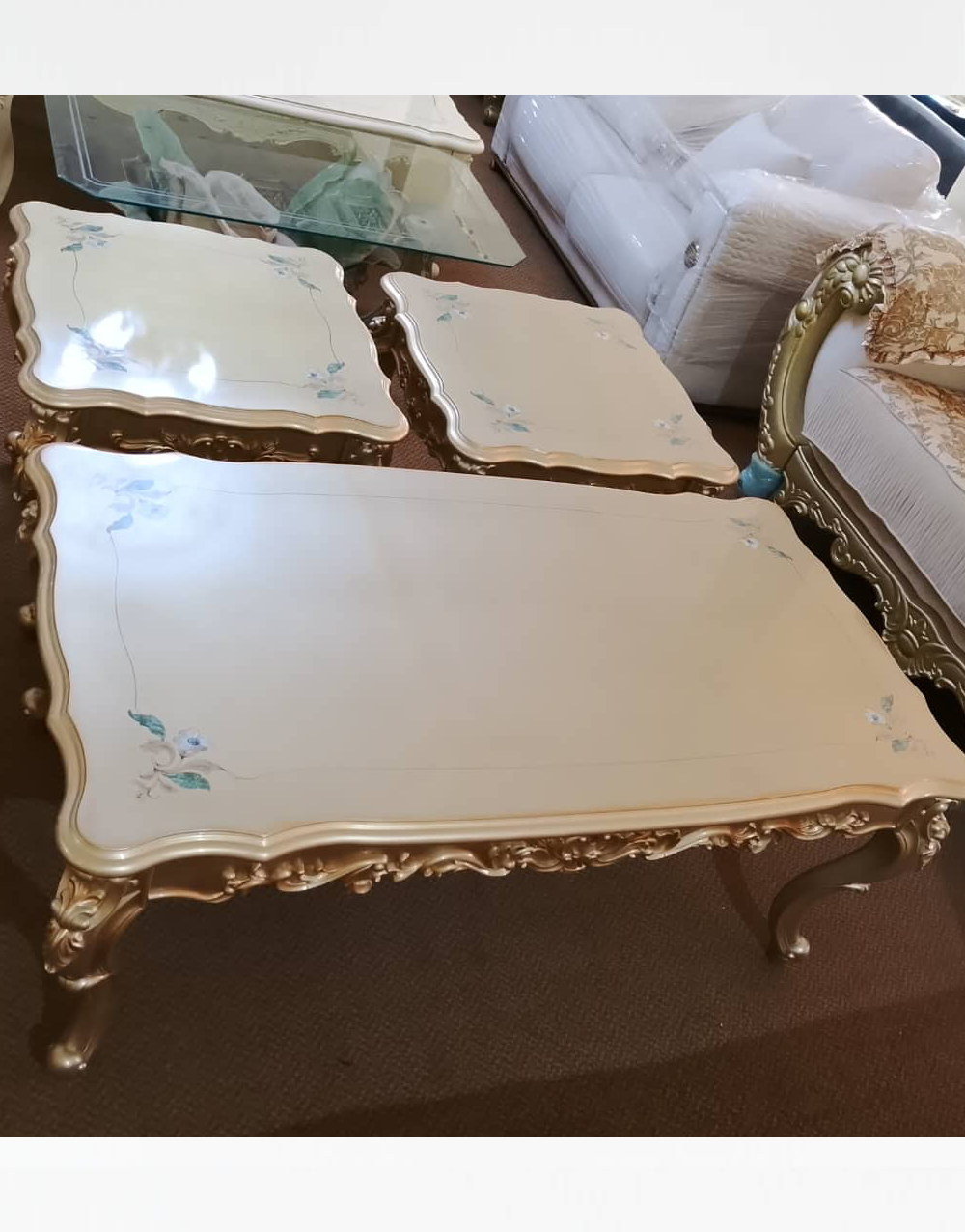 Center Table and Stools 020 - Floral Ivory & Gold Center Table with Matching Stools