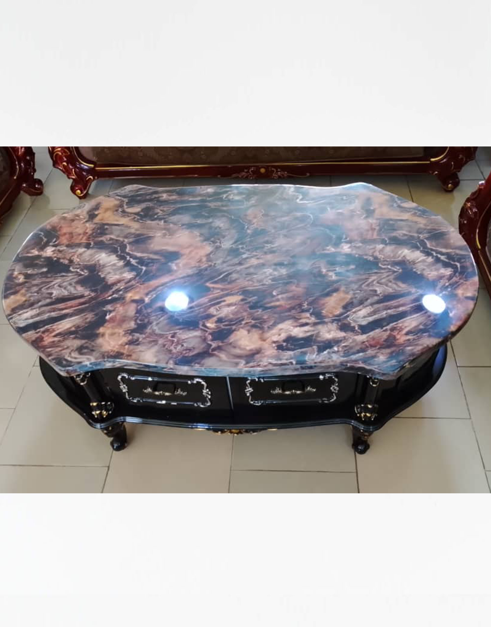 Center Table and Stools 021 - Midnight Marble-Effect Storage Center Table
