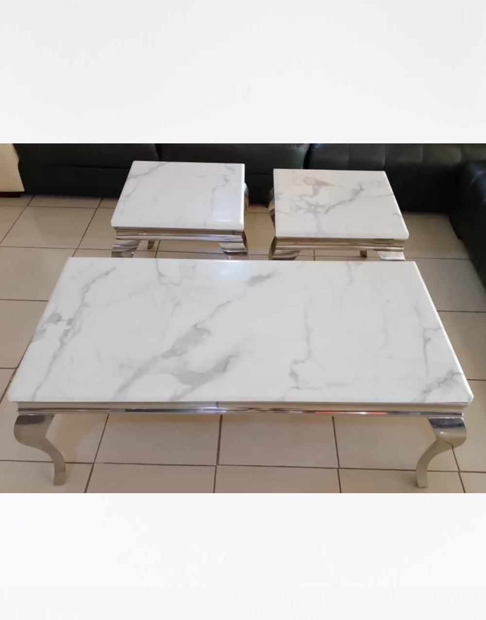 Center Table and Stools 024 - Carrara White Marble-Effect Center Table & Matching Stools