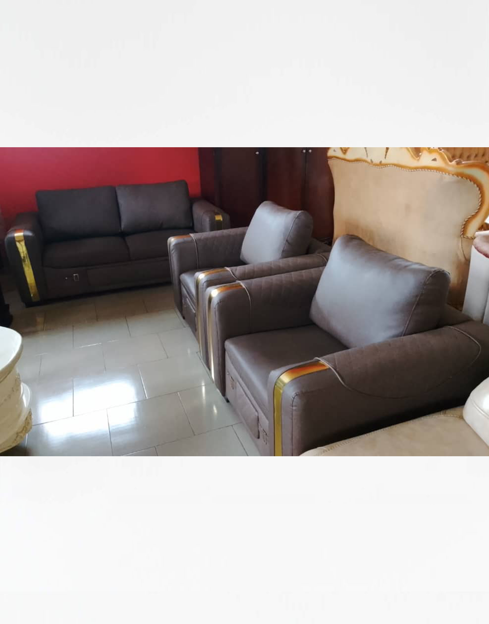 Contemporary Sofas 016 - Premium Contemporary Brown Leather Sofa Set with Gold Accents