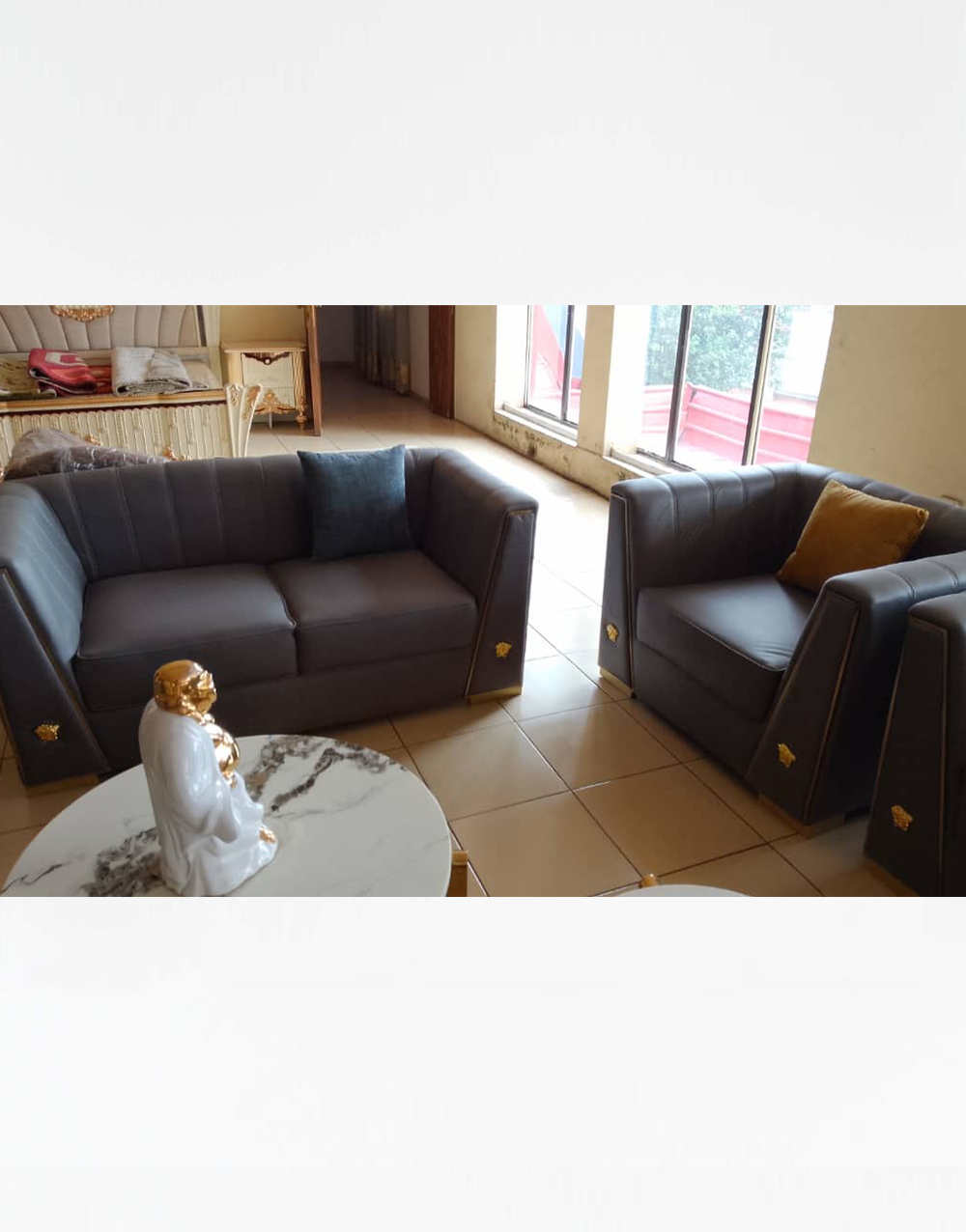 Contemporary Sofas 020 - Premium Contemporary Charcoal Leather Sofa Set with Gold Accents - Image 2
