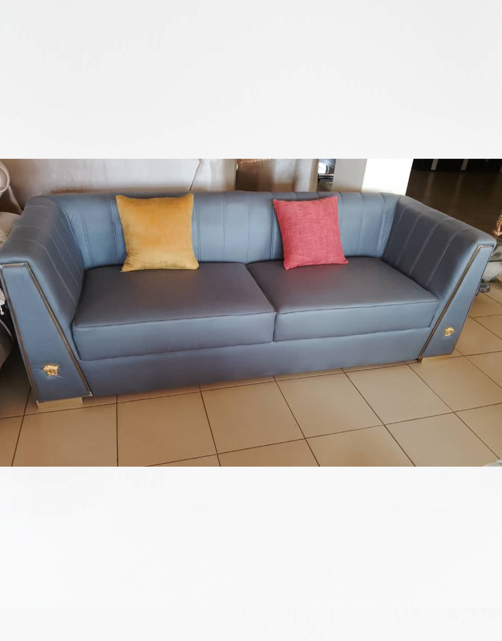 Contemporary Sofas 020 - Premium Contemporary Charcoal Leather Sofa Set with Gold Accents